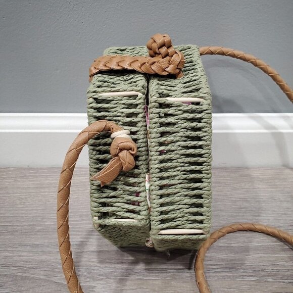 Mali + Lili Green Rattan Wicker Crossbody Bag Floral Lining Hexagon Shape - Picture 5 of 16